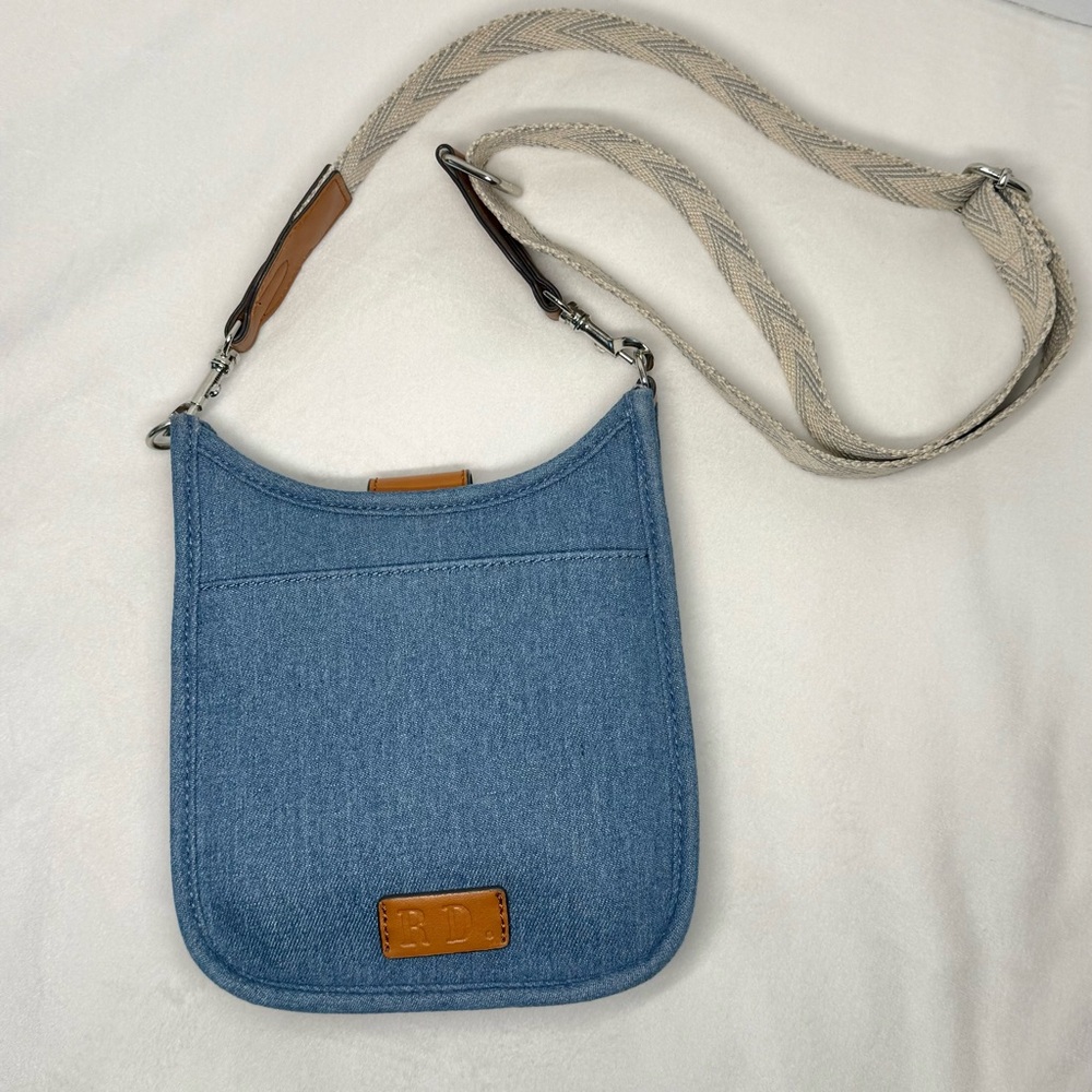 Rae Dunn Small Denim Crossbody Purse with Guitar Strap